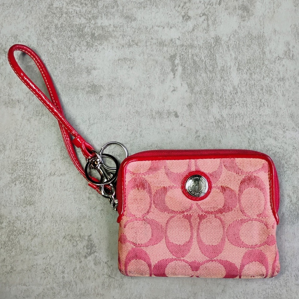 Coach Pink Signature Wristlet Small Canvas Zip Pouch Strap Classic Wallet